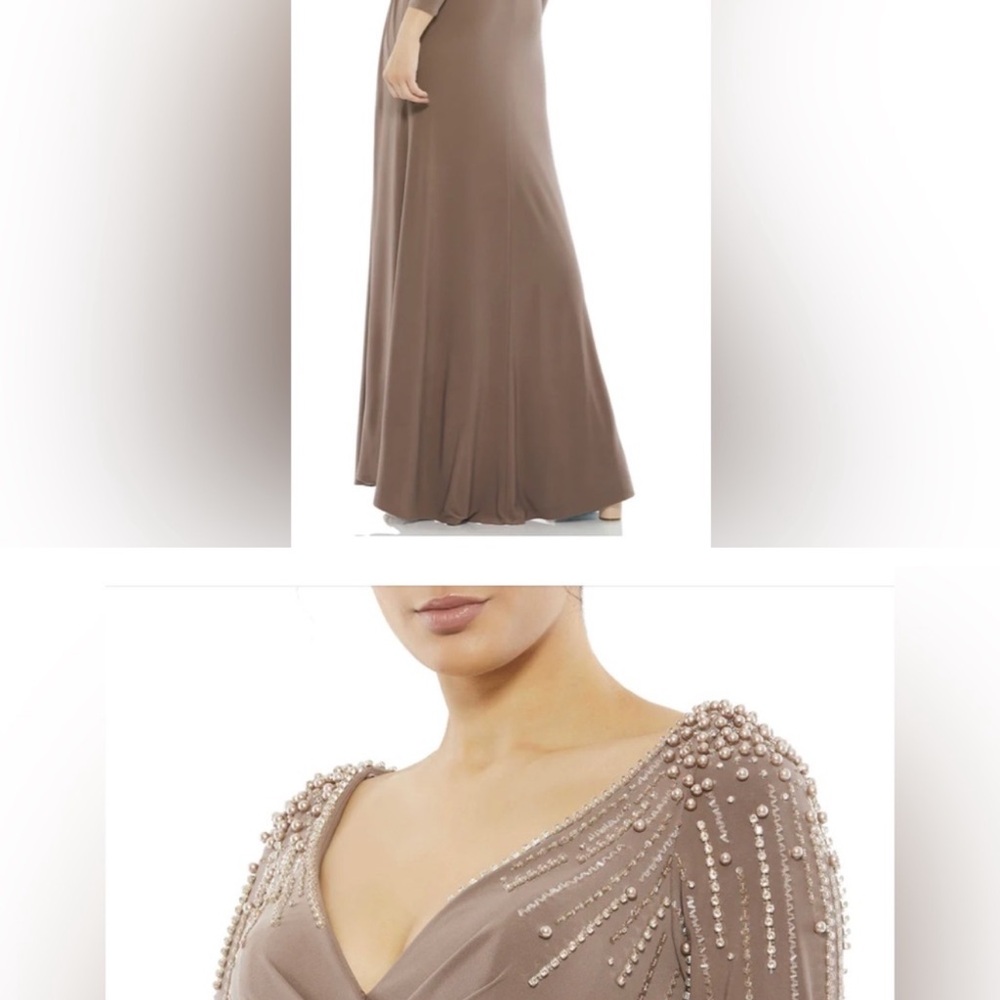 Mac Duggal Brown Sequin Embellished Gown V-Neck
